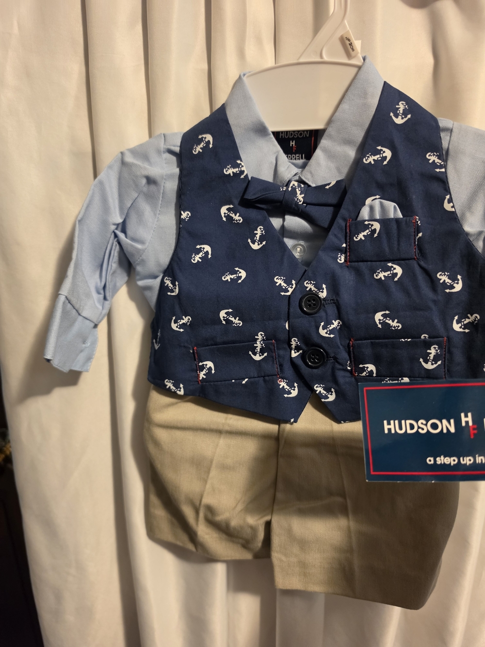 Hudson Baby Navy Anchor Vest with Light Blue Shirt and Tan Shorts 3/6 M